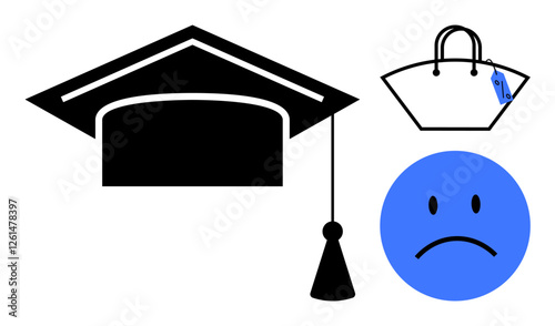 Mortarboard symbolizing graduation, handbag with price tag, and sad blue face conveying financial worries. Ideal for education costs, budget constraints, financial stress, student loans, debt