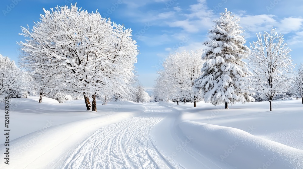 Snowy winter path through trees. Peaceful winter scene. Possible use Nature background Snowy winter path through trees. Peaceful winter scene. Possible use Nature background