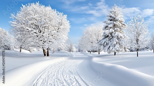 Snowy winter path through trees. Peaceful winter scene. Possible use Nature background photo