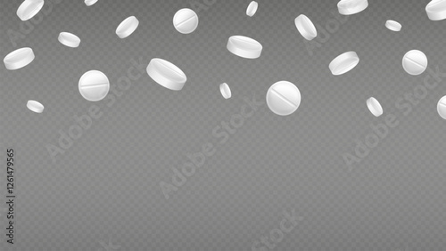 Falling pills. Realistic drugs, antibiotics or aspirin banner. White antibiotic, pill vitamin, capsule. Pharmacy background with tablets. Vector EPS 10