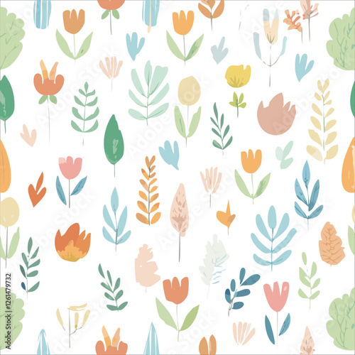 Floral decorative pattern with different flowers and plants, summer design, vector background.