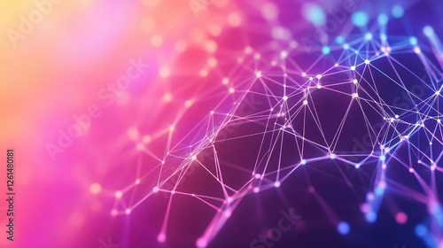 Abstract background with polygonal network lines and dots on a gradient color background of purple