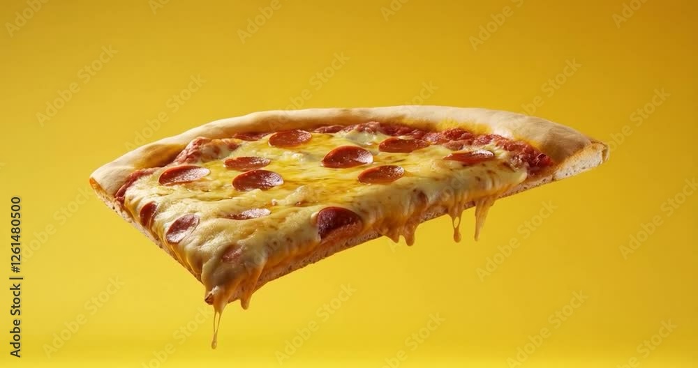 Pizza with melting cheese floating in the air, representing fast food perfection and the joy of snacking on bite-sized treats.