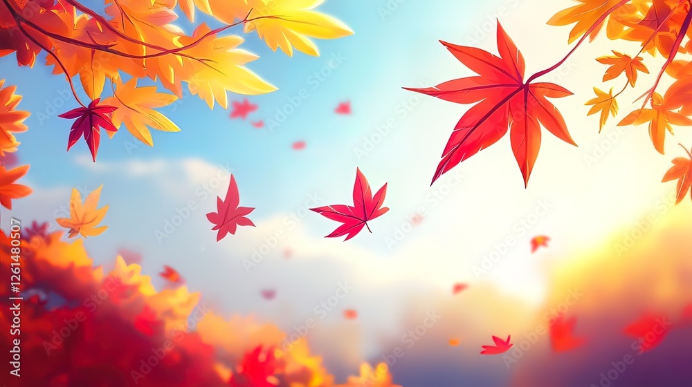 Autumn leaves falling from trees against a bright sky. son. Autumn leaves falling from trees against a bright sky. son.