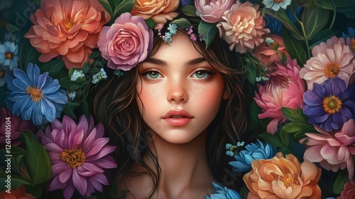 Portrait of a young woman surrounded by vibrant flowers showcasing natural beauty in a colorful garden
