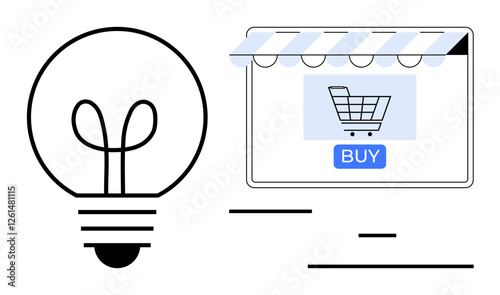Light bulb symbolizing ideas next to an online storefront with shopping cart and buy button. Ideal for business, innovation, technology, e-commerce, online shopping, marketing, startups. Abstract