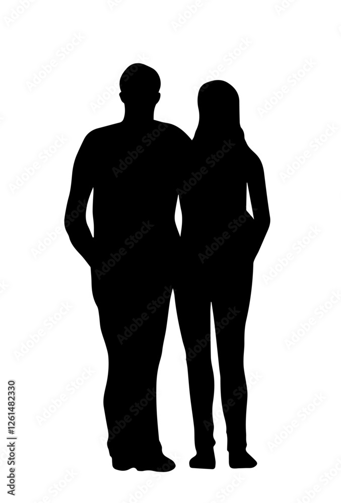 Fototapeta premium People silhouette. Monochrome black icon with figures of man and woman hugging. Front view of friends or couple. Rear view of standing characters. Flat vector illustration isolated on background