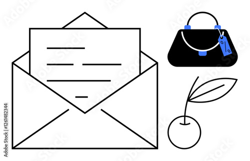 Envelope with letter ready to send, alongside a handbag with a hanging price tag, and a cherry icon. Ideal for communication, shopping, fashion, correspondence, summer freshness commerce. Abstract