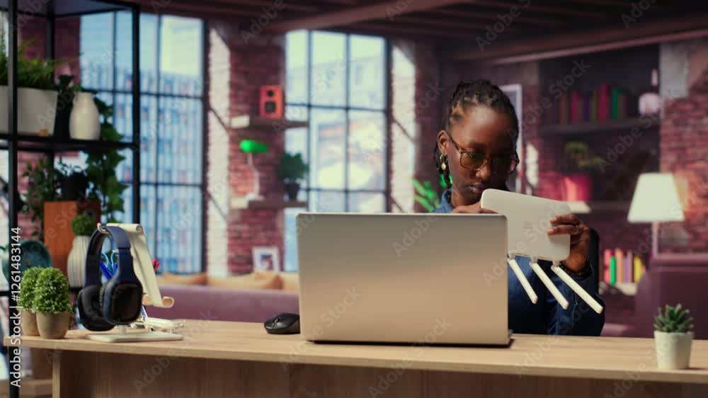 African American woman rebooting the wi fi modem by pulling out cables, checking with the internet provider for support. Troubleshooting ongoing Wi Fi connectivity issues. Camera B.