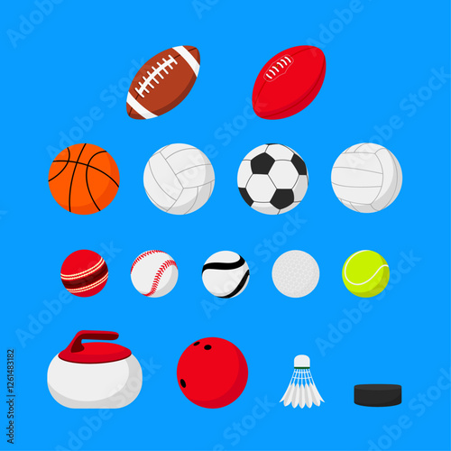 Set of sport balls and attributes. American football, rugby, basketball, volleyball, euro football, golf, tennis, cricket ball, hurling, curling, bowling, badminton, hockey.