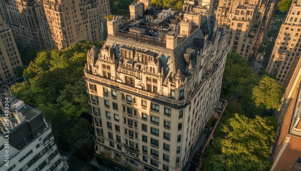 Naklejka premium Aerial view of ornate New York City apartment building, lush greenery surrounding, city skyline