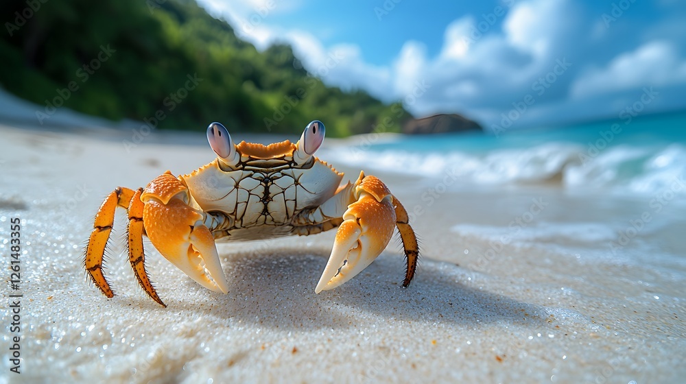 Crab Encounter, A Curious Beach Resident on Tropical Paradise Shores Crab Encounter, A Curious Beach Resident on Tropical Paradise Shores