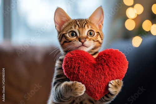 Bengal - my preferred cat, symbol of care. Cute bengal baby feline with fluffy red heart at cozy house. Ad campaign companion conceptual art. Adorable feline love image. Heartwarming kitten.