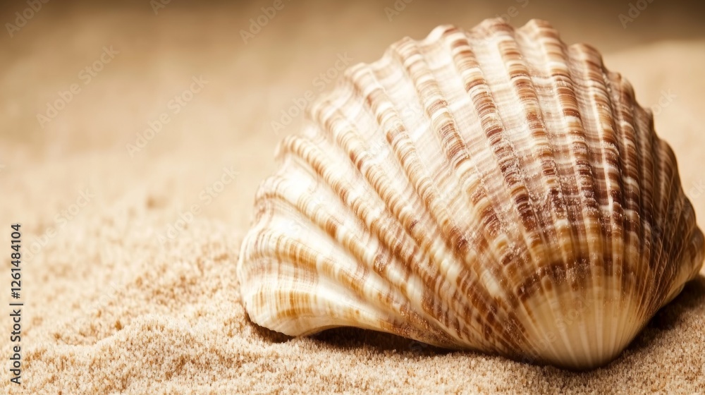 Detailed view of a spiral shell resting on golden sand under soft natural light Detailed view of a spiral shell resting on golden sand under soft natural light