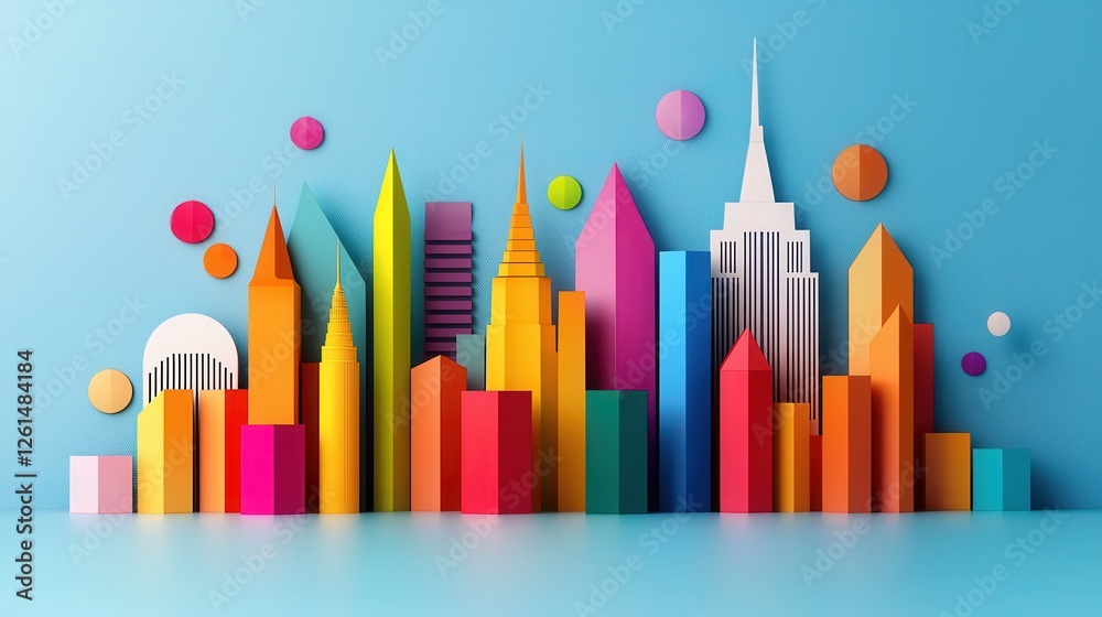 Colorful Paper City Skyline with Geometric Shapes and Blue Background