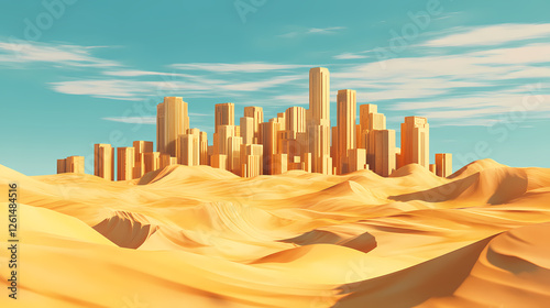 Desert mirage city, optical illusions, shifting and unreal, sandswept metropolis. Chimeric Metropolises. Illustration photo