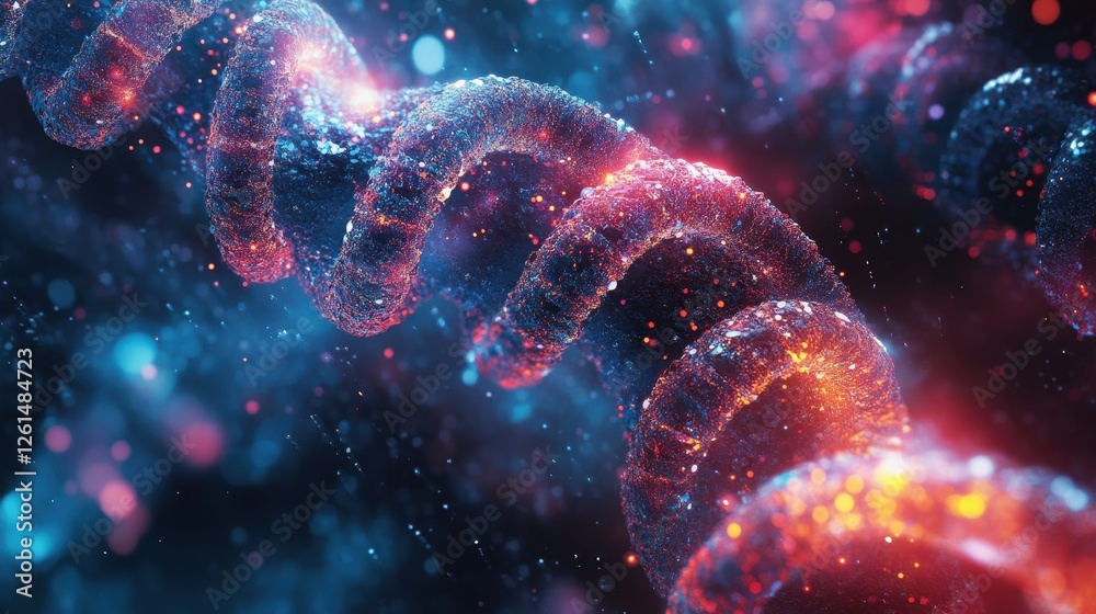 Glowing DNA double helix, vibrant red and blue. Ideal for science, genetics, or medical projects. Glowing DNA double helix, vibrant red and blue. Ideal for science, genetics, or medical projects.