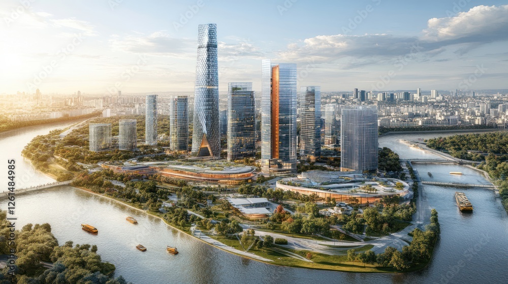 Fototapeta premium Modern Cityscape: Riverfront Development with Skyscrapers