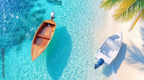 Aerial View of Two Boats in Crystal Clear Tropical Water Beside Sandy Beach and Palm Fronds