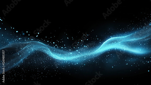 Abstract blue glowing particles wave on a dark background with a bokeh effect