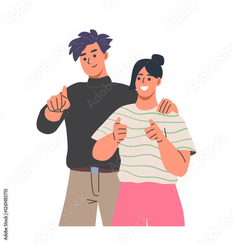 People pointing with finger. Positive smiling couple or friends showing something and making thumbs up gesture. Happy teens indicate with hand. Cartoon flat vector illustration isolated on background