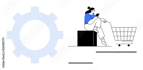 Person sitting on a box engaging with a mobile device next to an empty shopping cart, alongside large gear. Ideal for e-commerce, online shopping, technology integration, user experience, innovation