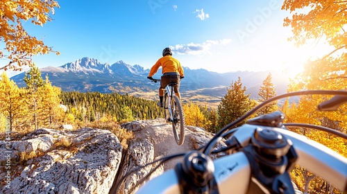 Mountain Biker Riding Down Rocky Trail with Scenic Autumn Landscape and Vibrant Fall Colors in Background photo