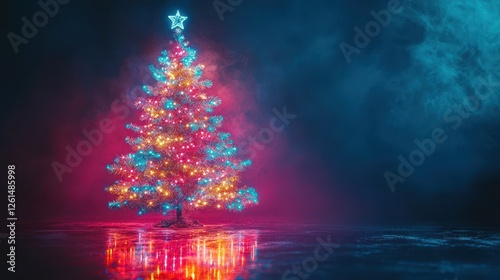 Vibrant Christmas tree with colorful lights, smoky background. Perfect for holiday greeting cards, winter themed designs, and festive promotions. photo