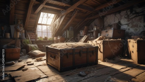 Dusty and cluttered attic with old trunks and cobwebs, clutter, dust