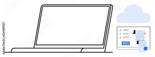 Wallpaper Mural Laptop beside digital invoice with secure payment button and cloud. Ideal for online transactions, remote work, data security, digital payments, cloud computing, e-commerce, financial technology Torontodigital.ca