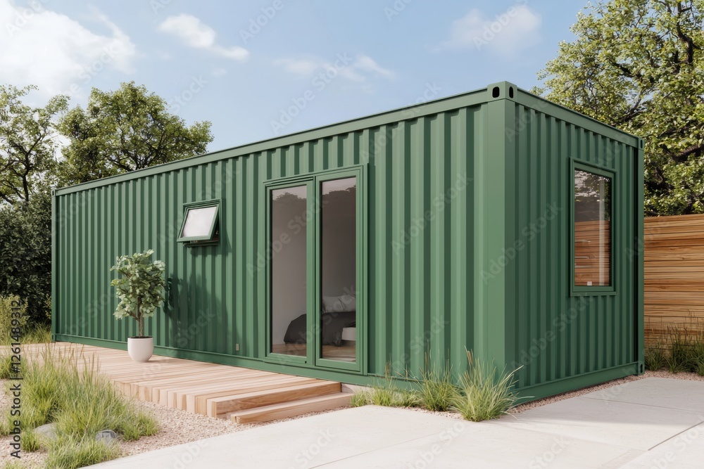 Modern Green Container Home with Outdoor Deck and Natural Surroundings Modern Green Container Home with Outdoor Deck and Natural Surroundings