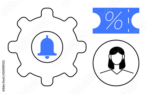 Notification bell inside gear next to user profile and discount coupon icons. Ideal for business automation, digital marketing, user engagement, notifications, promotions, customer profiles, online