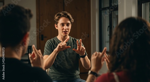 Man Using Sign Language Communicating with Two People Warm Indoor Lighting