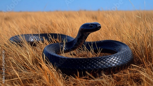 A sleek black mamba slithering through tall savanna grass 