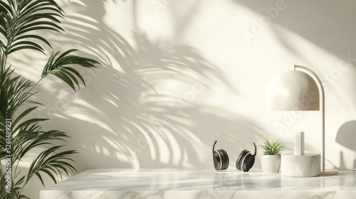 A serene workspace featuring a lamp, headphones, and a plant casting shadows.