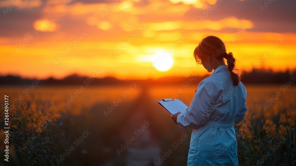 Fototapeta premium Woman in white coat reviews notes in a field at sunset. Illustrates agricultural research or field studies.