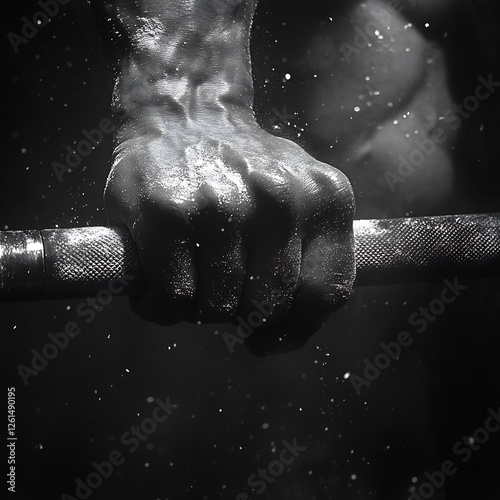 Close up of a hand gripping a barbell with chalk dust flying in a gritty industrial style gym environment ar 169