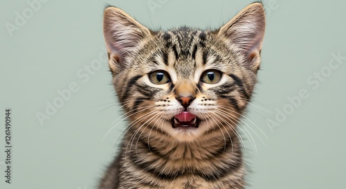 Kitten Adorable Face Close-Up Portrait Green Background Studio Shot High Resolution