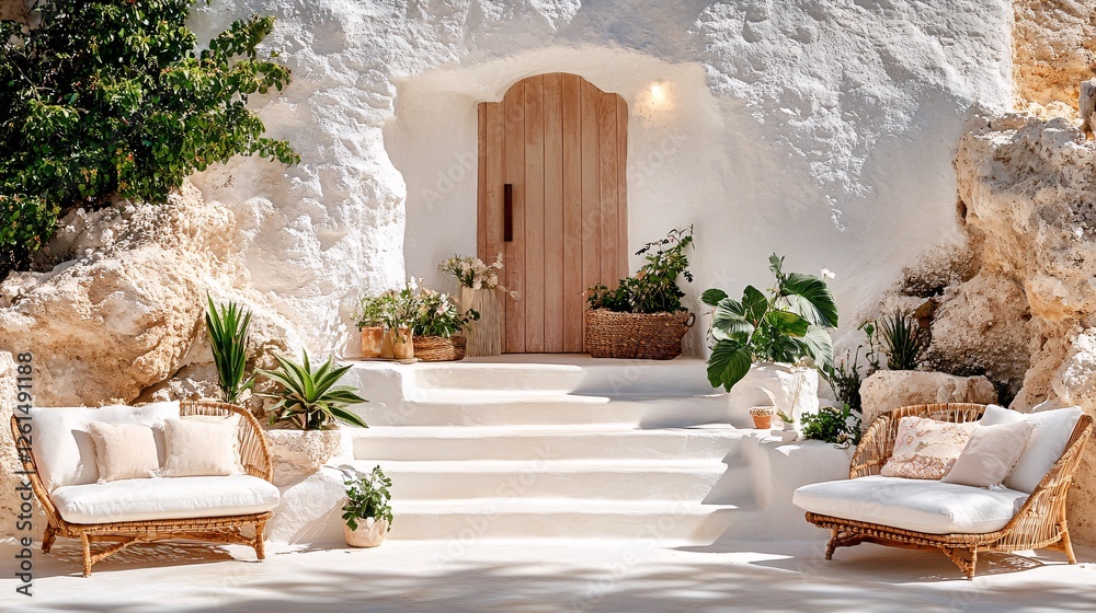 Serene Outdoor Space with Stylish Rattan Furniture and Lush Greenery in Warm Natural Setting Serene Outdoor Space with Stylish Rattan Furniture and Lush Greenery in Warm Natural Setting