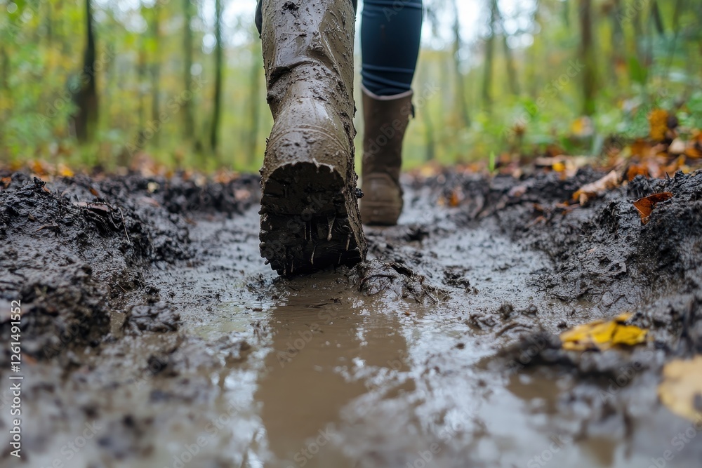 Muddy boots walk through a forest puddle. Shows the difficulty and challenges of outdoor hiking.