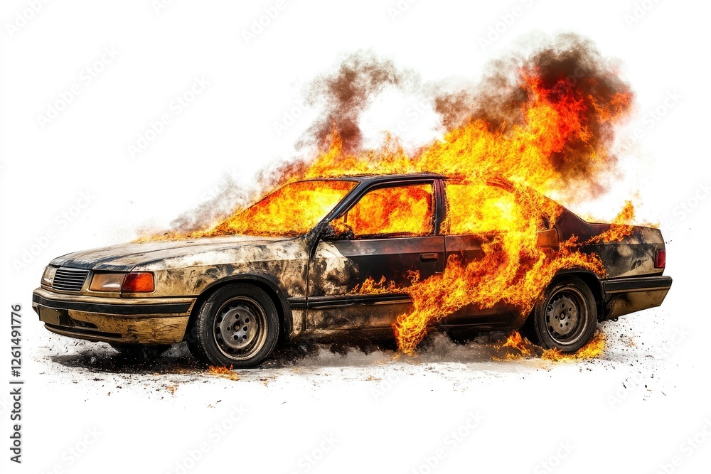 Burning car on white background, accident scene Burning car on white background, accident scene