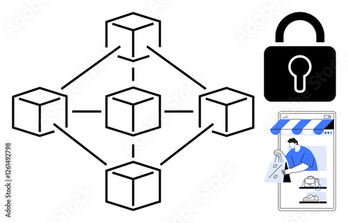 Five connected blocks forming a network, security lock, and person making a payment online. Ideal for blockchain, security, e-commerce, digital transactions, decentralization, data protection modern