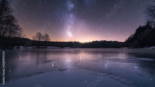 Fototapeta Naklejka Na Ścianę i Meble -  Milky Way galaxy shining over a frozen lake at night. Silhouetted trees line the shore under a starlit sky. Peaceful winter wonderland scene.