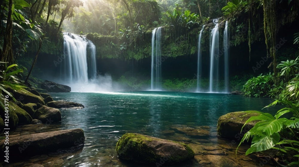 Tropical Waterfall in Lush Jungle Paradise Tropical Waterfall in Lush Jungle Paradise