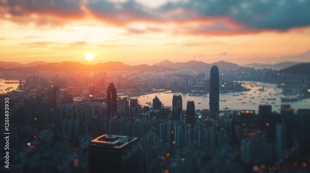 Obraz premium A stunning sunset over a bustling cityscape with mountains in the background.