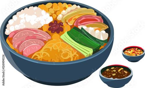 먹을것, 건강한, 식사, 신선, red, 식당, 야채, 요리, 근접, 간식, 미식가, 규정식, 수프, 맛있는, 점심, green, 아침 식사, 그릇, 비빔밥, 한식, 한식 일러스트, 한식 요소, 음식, food