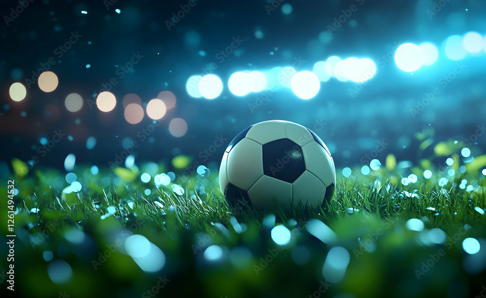 Naklejka premium An illuminated soccer ball rests on a vibrant green field, bathed in the soft glow of stadium lights, symbolizing hope and a thrilling competition