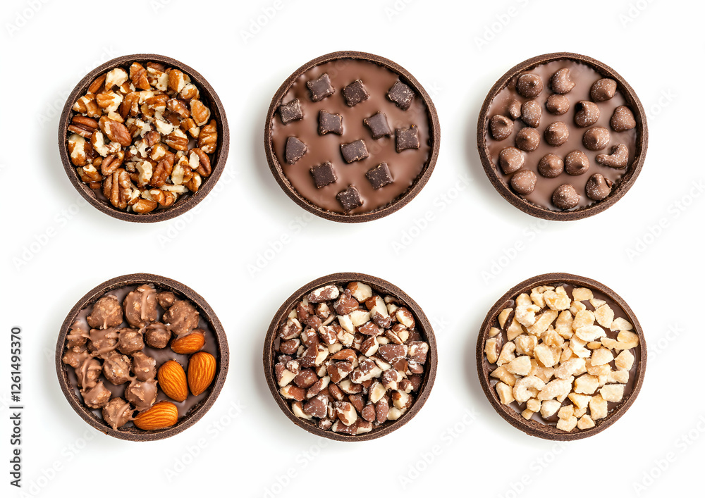Assortment of delectable chocolate tarts with various gourmet nut and chocolate toppings displayed on a pristine white background for confectionary indulgence Assortment of delectable chocolate tarts with various gourmet nut and chocolate toppings displayed on a pristine white background for confectionary indulgence