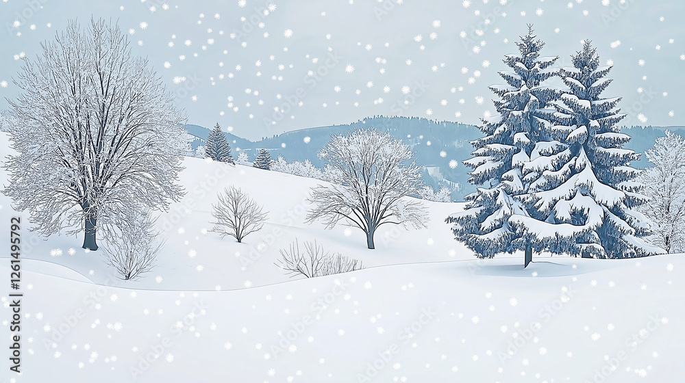 Fototapeta premium Scene Of Winter Snowscape, With Mountains And Trees Covered In Thick Layers Of Snow, Blue Sky With A Few White Clouds Scattered Around, Snowflakes Are Falling On The Surface