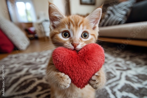 Cute pixiebob young cat with fluffy red heart at cozy abode. Ad campaign critter idea. Pixiebob - my desired cat, symbol of care. Love and kittens. Adorable kitten with heart. Cat with heart. photo